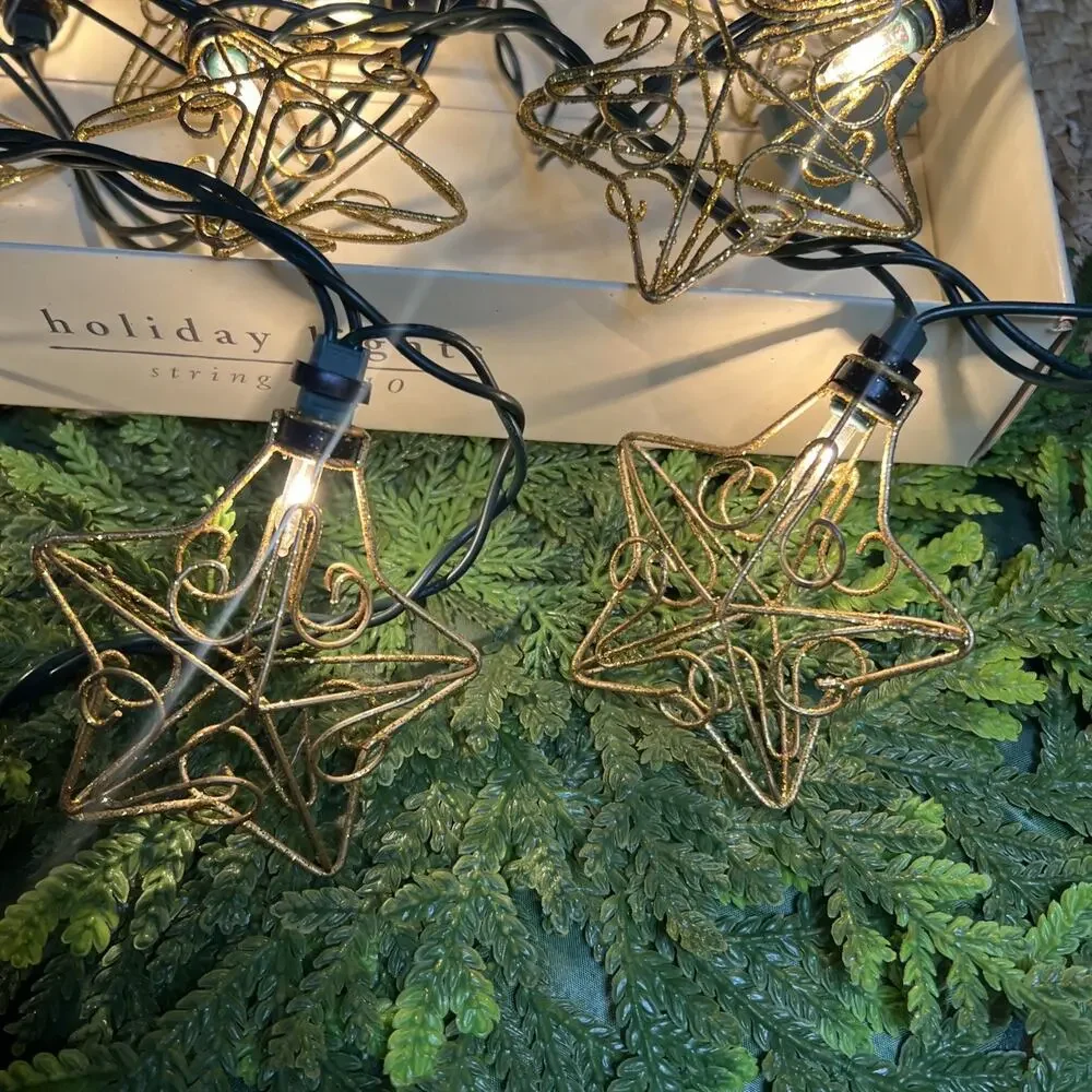 Vintage Pier 1 Metal Wire Gold Star String Lights Holiday Party Christmas